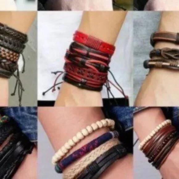 Mens Leather Red & Black Braided Bracelet Set - Picture 3 of 3